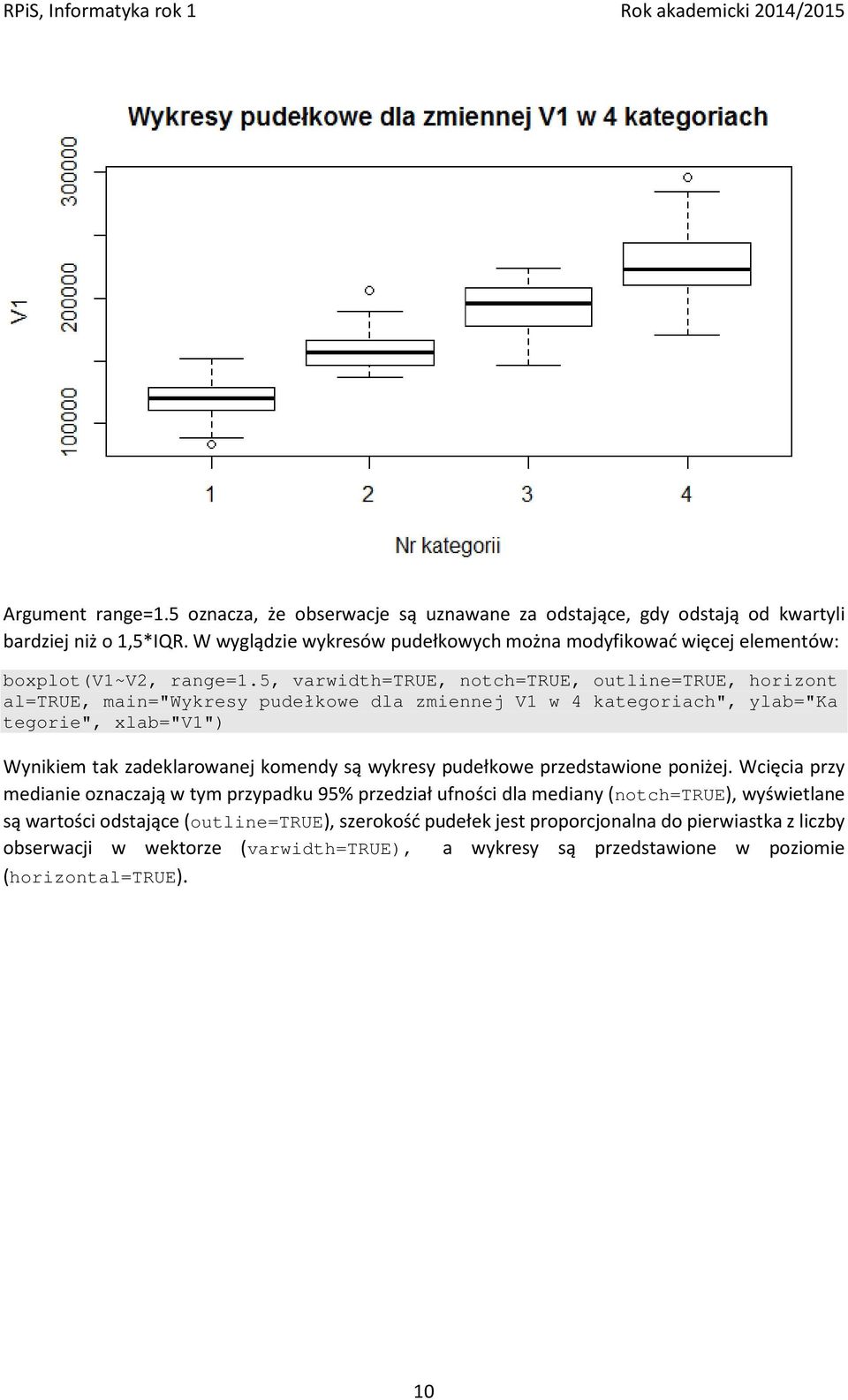 5, varwidth=true, notch=true, outline=true, horizont al=true, main="wykresy pudełkowe dla zmiennej V1 w 4 kategoriach", ylab="ka tegorie", xlab="v1") Wynikiem tak zadeklarowanej komendy