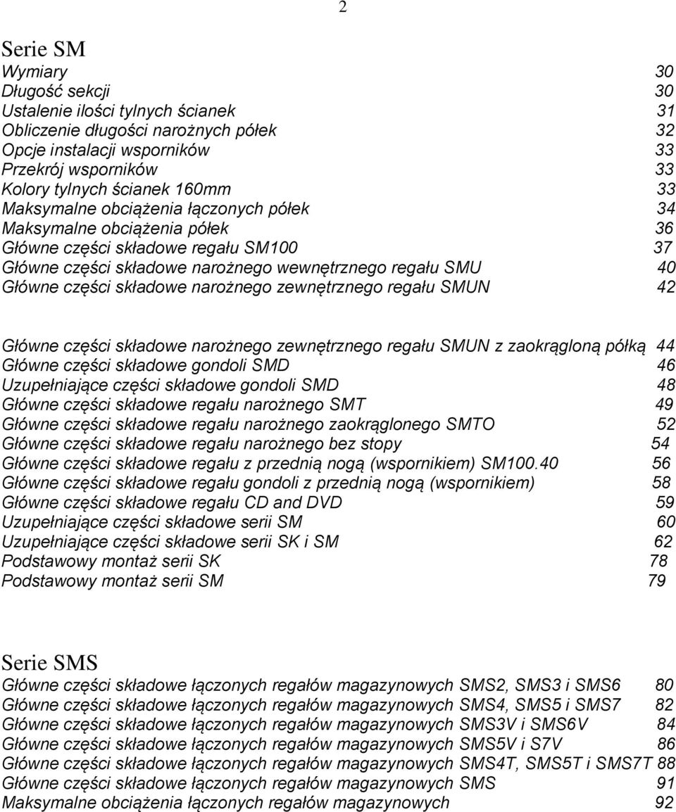 narożnego zewnętrznego regału SMUN 42 Główne części składowe narożnego zewnętrznego regału SMUN z zaokrągloną półką 44 Główne części składowe gondoli SMD 46 Uzupełniające części składowe gondoli SMD