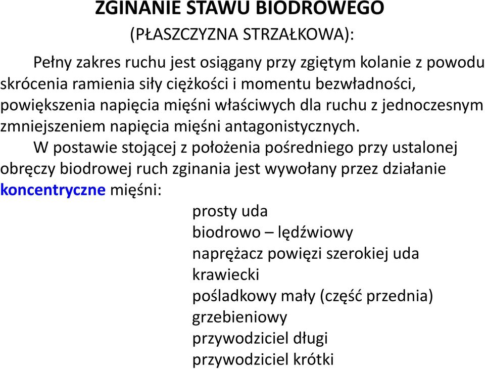 W postawie stojącej z położenia pośredniego przy ustalonej obręczy biodrowej ruch zginania jest wywołany przez działanie koncentryczne mięśni: