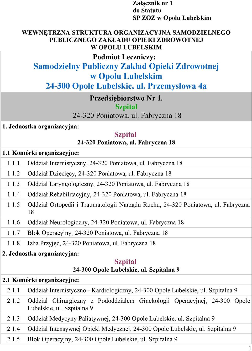 1.3 Oddział Laryngologiczny, 1.1.4 Oddział Rehabilitacyjny, 1.1.5 Oddział Ortopedii i Traumatologii Narządu Ruchu, 24-320 Poniatowa, ul. Fabryczna 18 1.1.6 Oddział Neurologiczny, 1.1.7 Blok Operacyjny, 1.