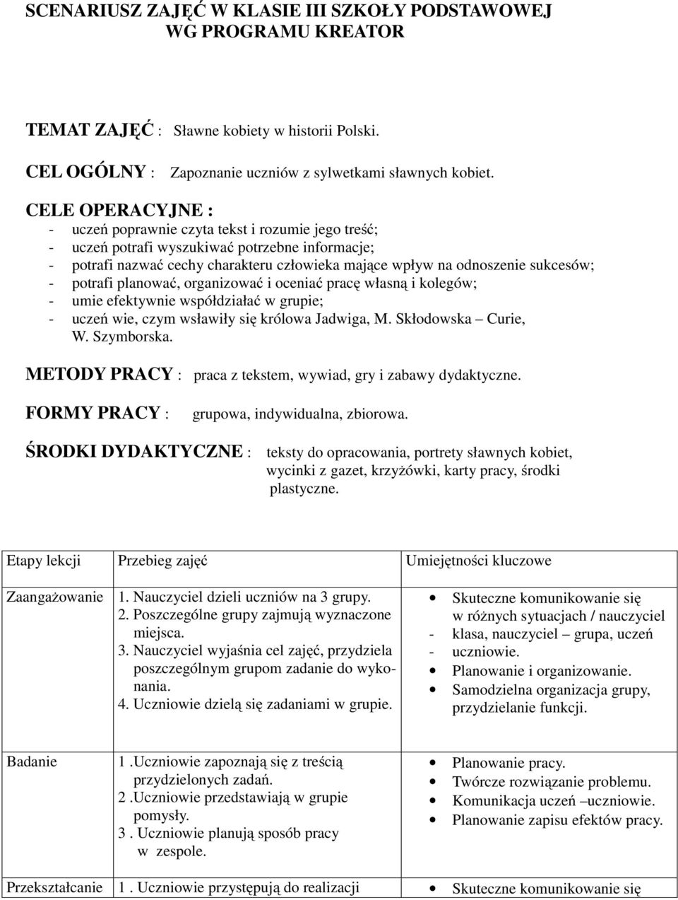 - potrafi planować, organizować i oceniać pracę własną i kolegów; - umie efektywnie współdziałać w grupie; - uczeń wie, czym wsławiły się królowa Jadwiga, M. Skłodowska Curie, W. Szymborska.