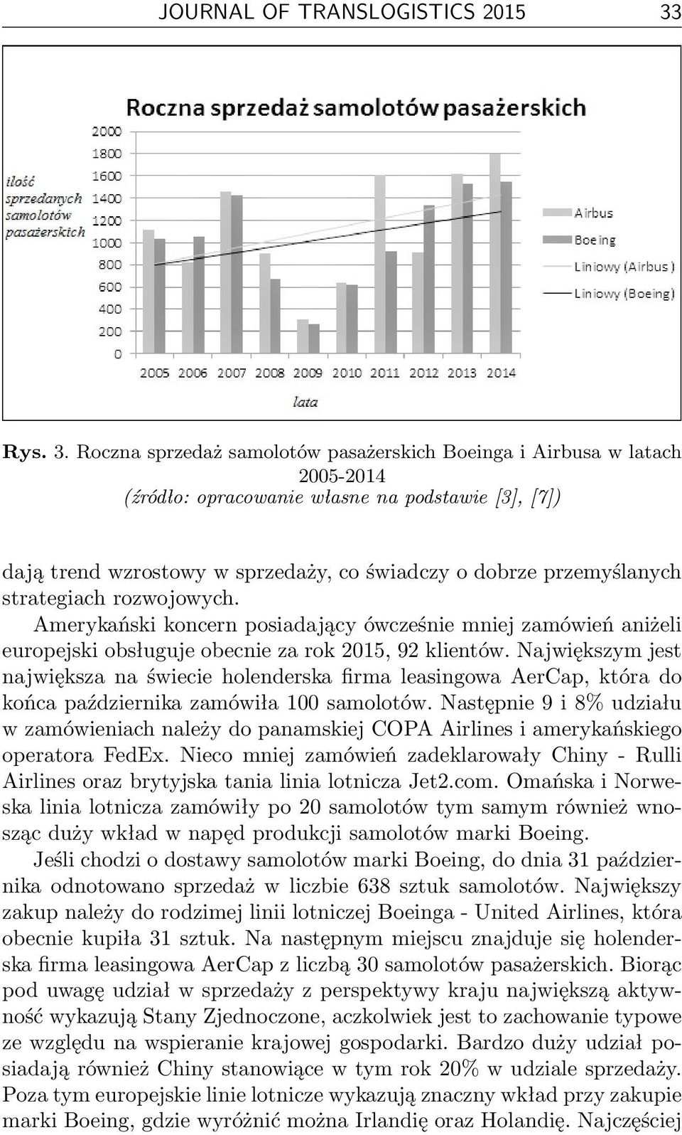 Roczna sprzedaż samolotów pasażerskich Boeinga i Airbusa w latach 2005-2014 (źródło: opracowanie własne na podstawie [3], [7]) dają trend wzrostowy w sprzedaży, co świadczy o dobrze przemyślanych