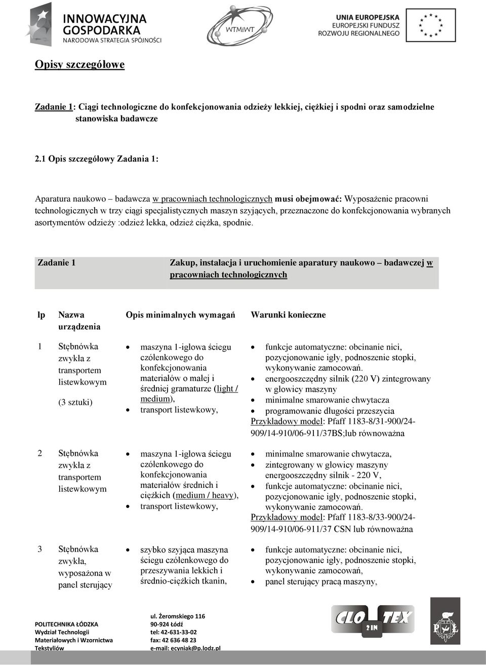 przeznaczone do konfekcjonowania wybranych asortymentów odzieży :odzież lekka, odzież ciężka, spodnie.