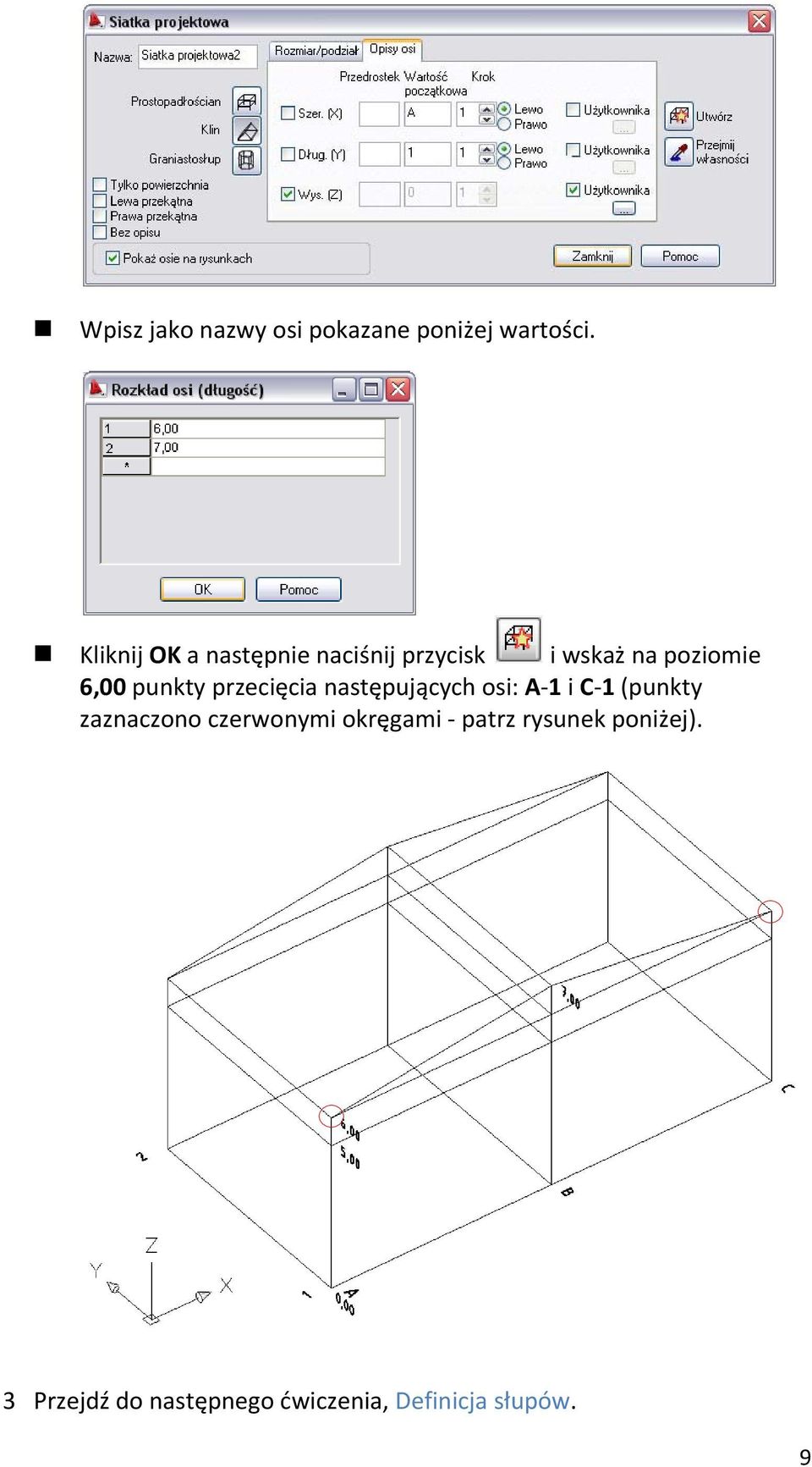 punkty przecięcia następujących osi: A 1 i C 1 (punkty zaznaczono