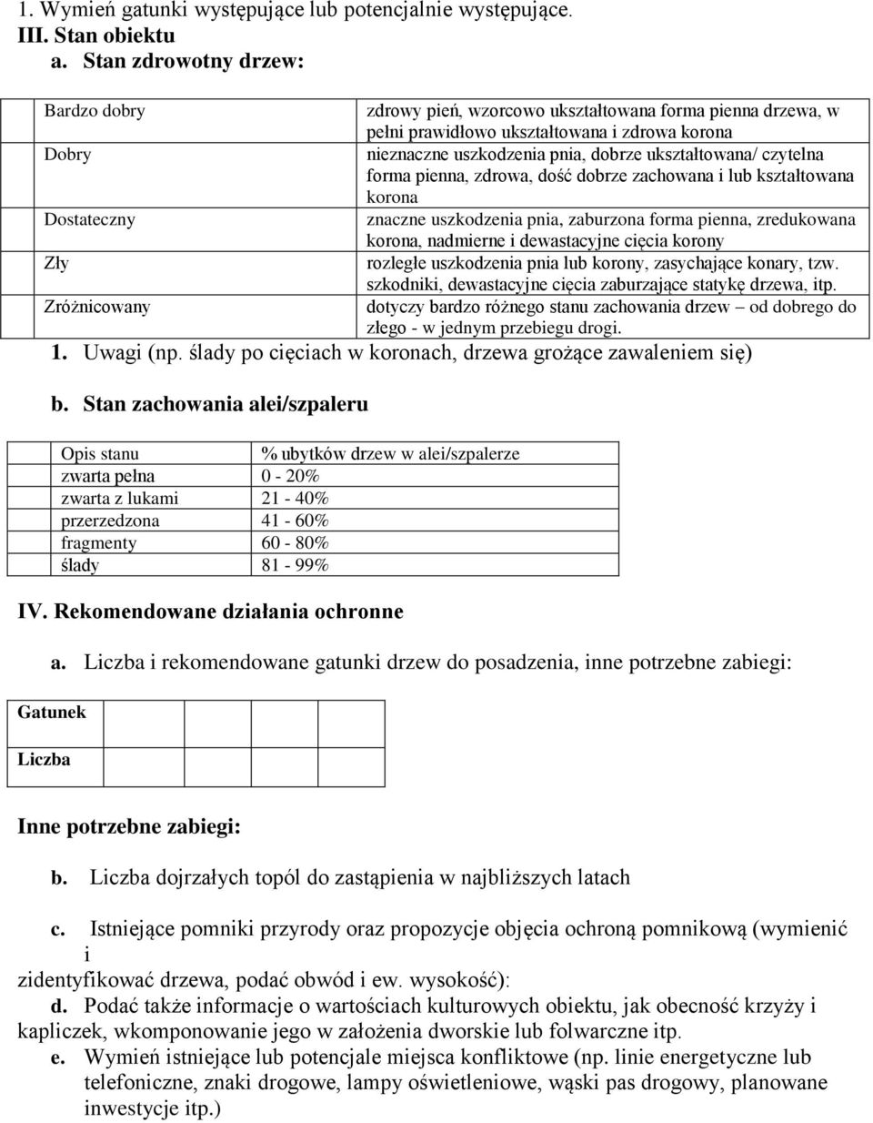czytelna forma pienna, zdrowa, dość dobrze zachowana i lub kształtowana korona znaczne uszkodzenia pnia, zaburzona forma pienna, zredukowana korona, nadmierne i dewastacyjne cięcia korony rozległe