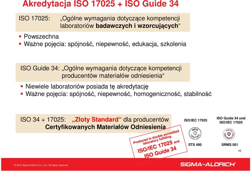 posiada tę akredytację Ważne pojęcia: spójność, niepewność, homogeniczność, stabilność ISO 34 + 17025: Złoty Standard dla producentów Certyfikowanych