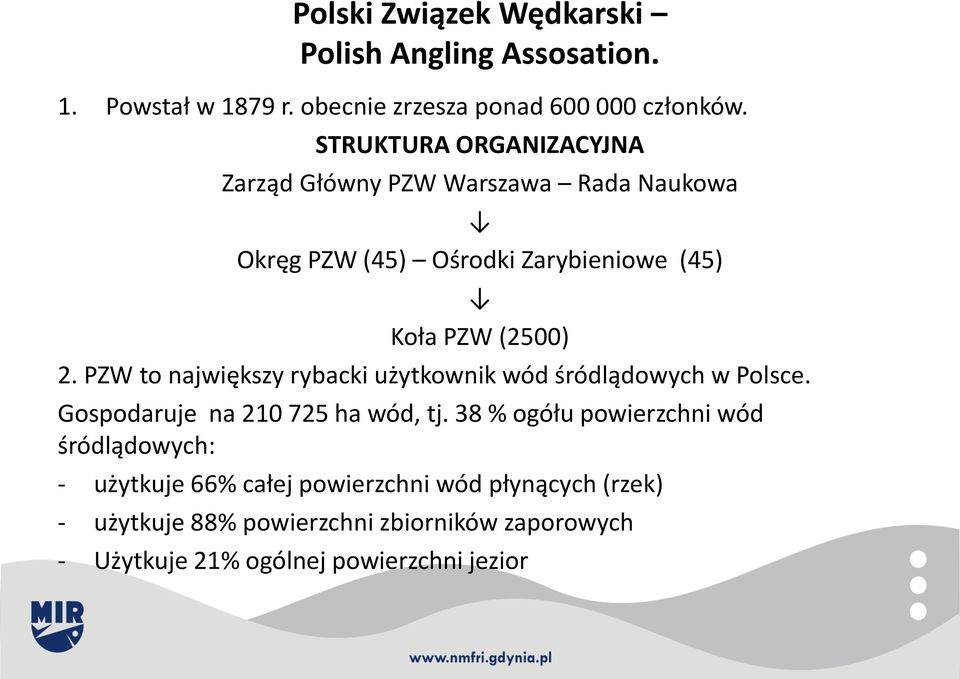 PZW to największy rybacki użytkownik wód śródlądowych w Polsce. Gospodaruje na 210 725 ha wód, tj.