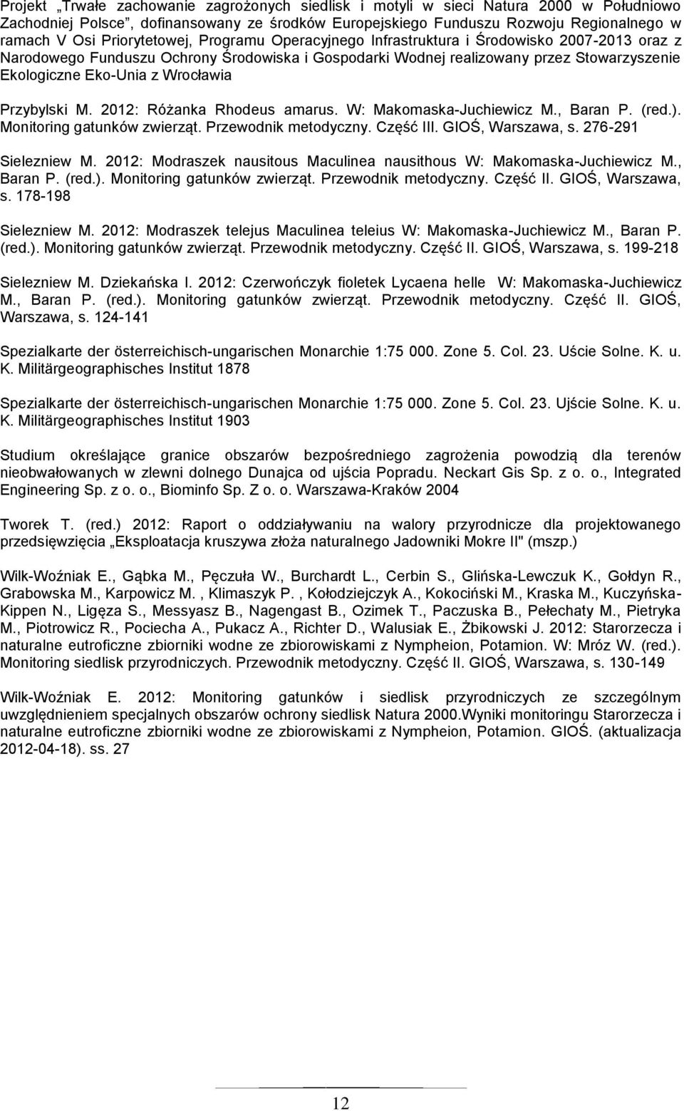 Wrocławia Przybylski M. 2012: Różanka Rhodeus amarus. W: Makomaska-Juchiewicz M., Baran P. (red.). Monitoring gatunków zwierząt. Przewodnik metodyczny. Część III. GIOŚ, Warszawa, s.