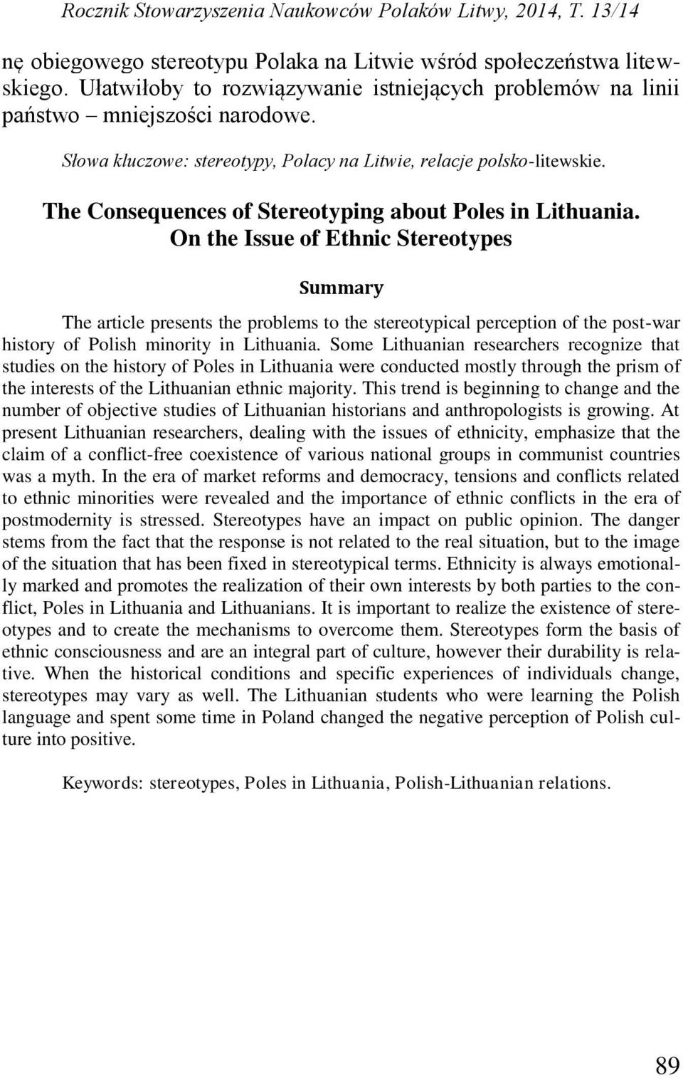 The Consequences of Stereotyping about Poles in Lithuania.
