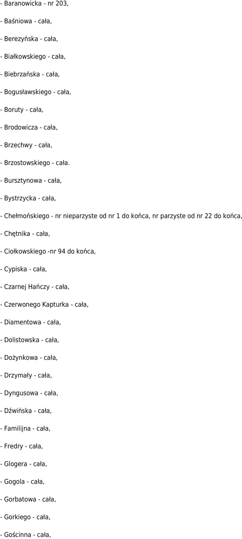 - Bursztynowa - cała, - Bystrzycka - cała, - Chełmońskiego - nr nieparzyste od nr 1 do końca, nr parzyste od nr 22 do końca, - Chętnika - cała, - Ciołkowskiego -nr 94 do końca, -