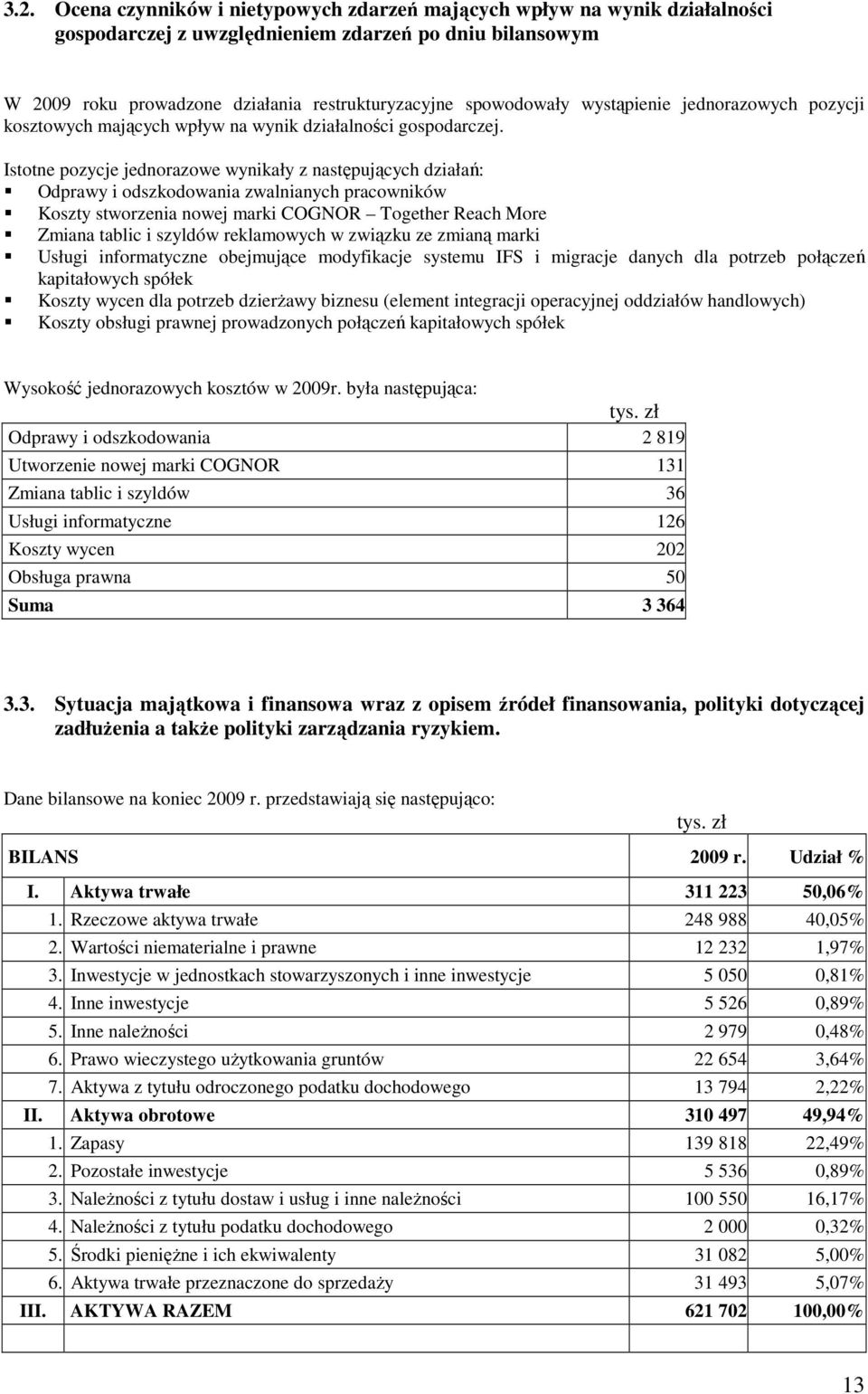 Istotne pozycje jednorazowe wynikały z następujących działań: Odprawy i odszkodowania zwalnianych pracowników Koszty stworzenia nowej marki COGNOR Together Reach More Zmiana tablic i szyldów
