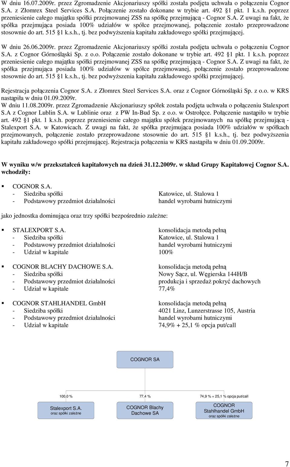 bez podwyŝszenia kapitału zakładowego spółki przejmującej. W dniu 26.06.2009r. przez Zgromadzenie Akcjonariuszy spółki została podjęta uchwała o połączeniu Cognor S.A. z Cognor Górnośląski Sp. z o.o. Połączenie zostało dokonane w trybie art.