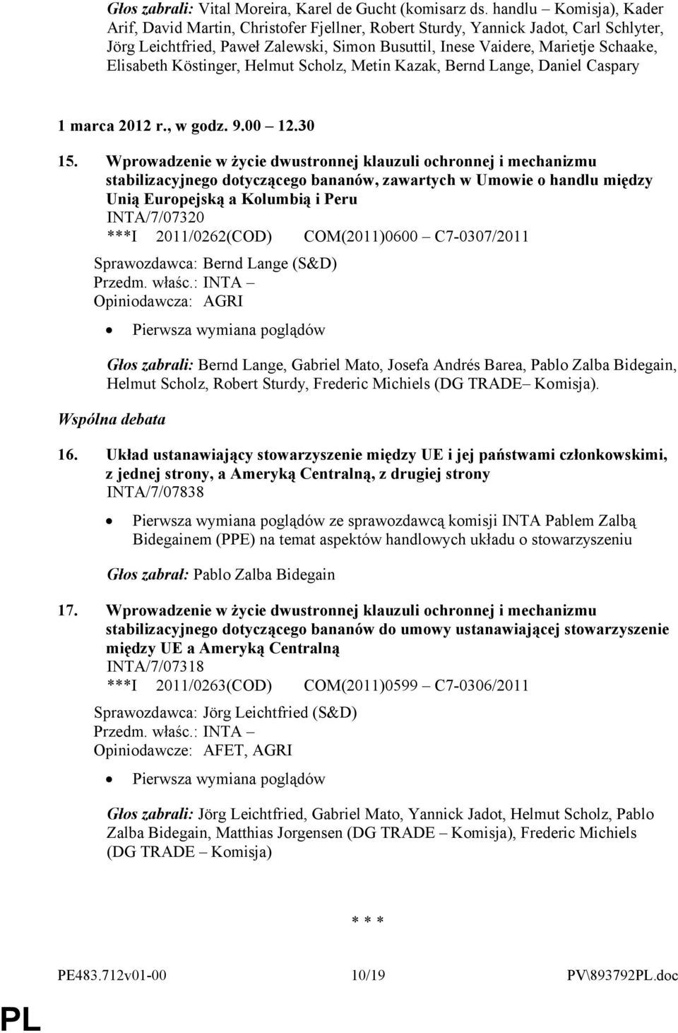 Elisabeth Köstinger, Helmut Scholz, Metin Kazak, Bernd Lange, Daniel Caspary 1 marca 2012 r., w godz. 9.00 12.30 15.
