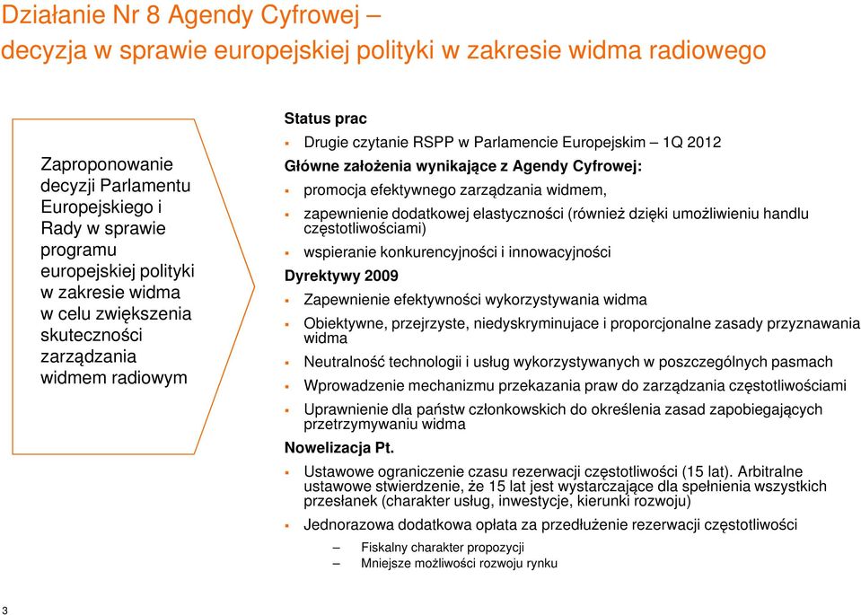 zapewnienie dodatkowej elastyczności (również dzięki umożliwieniu handlu częstotliwościami) wspieranie konkurencyjności i innowacyjności Dyrektywy 2009 Zapewnienie efektywności wykorzystywania widma