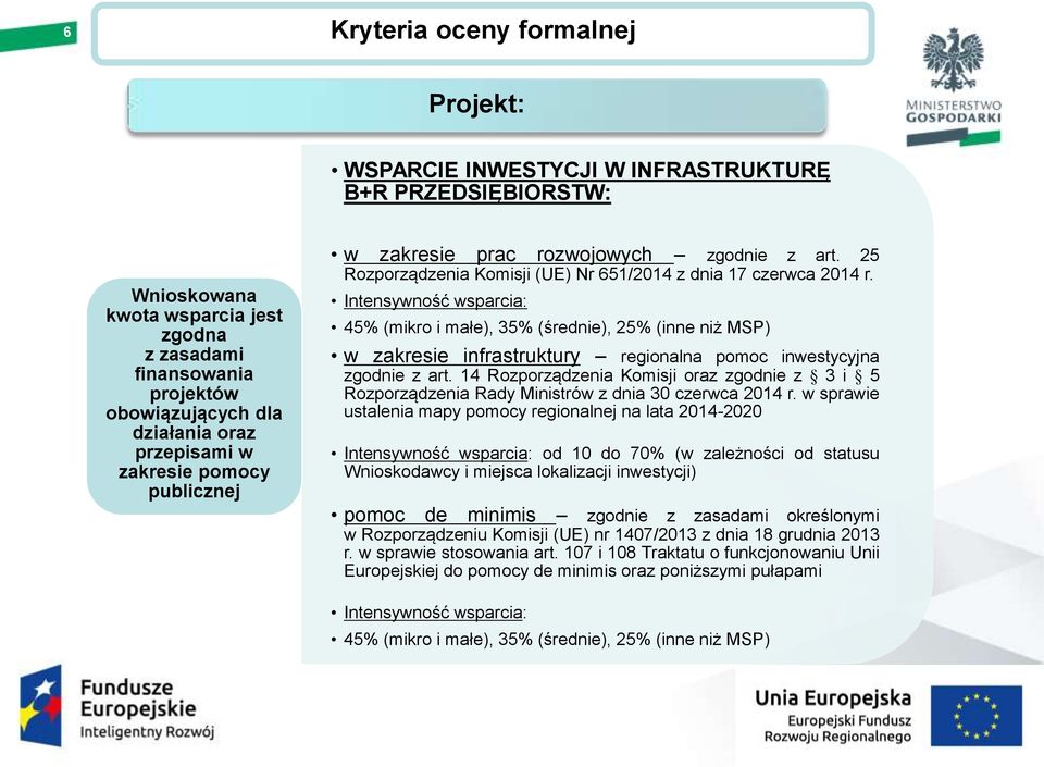 Intensywność wsparcia: 45% (mikro i małe), 35% (średnie), 25% (inne niż MSP) w zakresie infrastruktury regionalna pomoc inwestycyjna zgodnie z art.