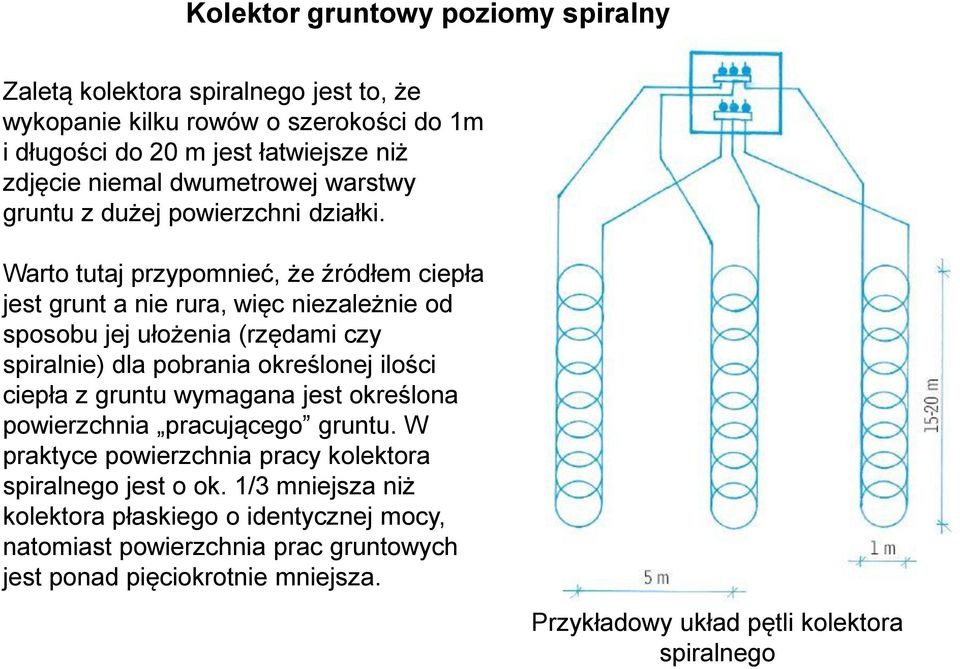 Warto tutaj przypomnieć, że źródłem ciepła jest grunt a nie rura, więc niezależnie od sposobu jej ułożenia (rzędami czy spiralnie) dla pobrania określonej ilości ciepła z