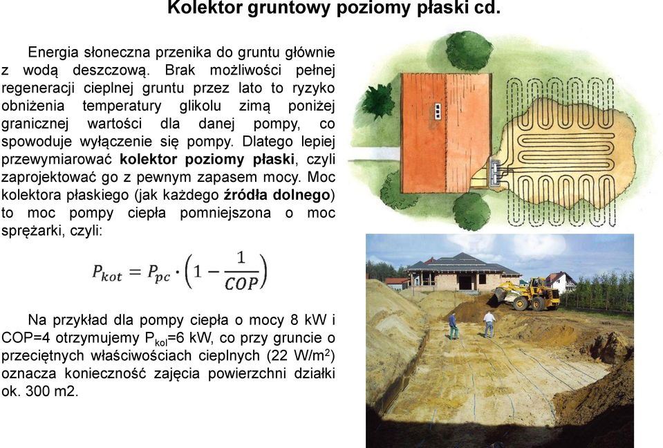 wyłączenie się pompy. Dlatego lepiej przewymiarować kolektor poziomy płaski, czyli zaprojektować go z pewnym zapasem mocy.