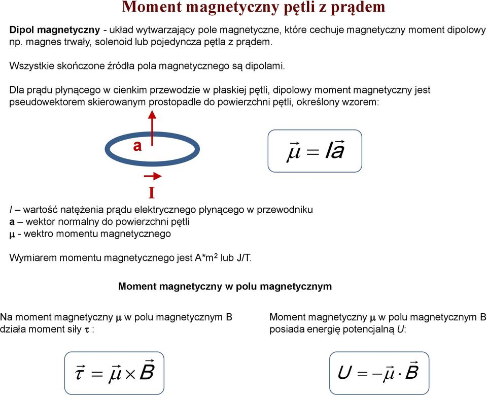 Dla prądu płynącego w cienkim przewodzie w płaskiej pętli, dipolowy moment magnetyczny jest pseudowektorem skierowanym prostopadle do powierzchni pętli, określony wzorem: a a wartość natężenia