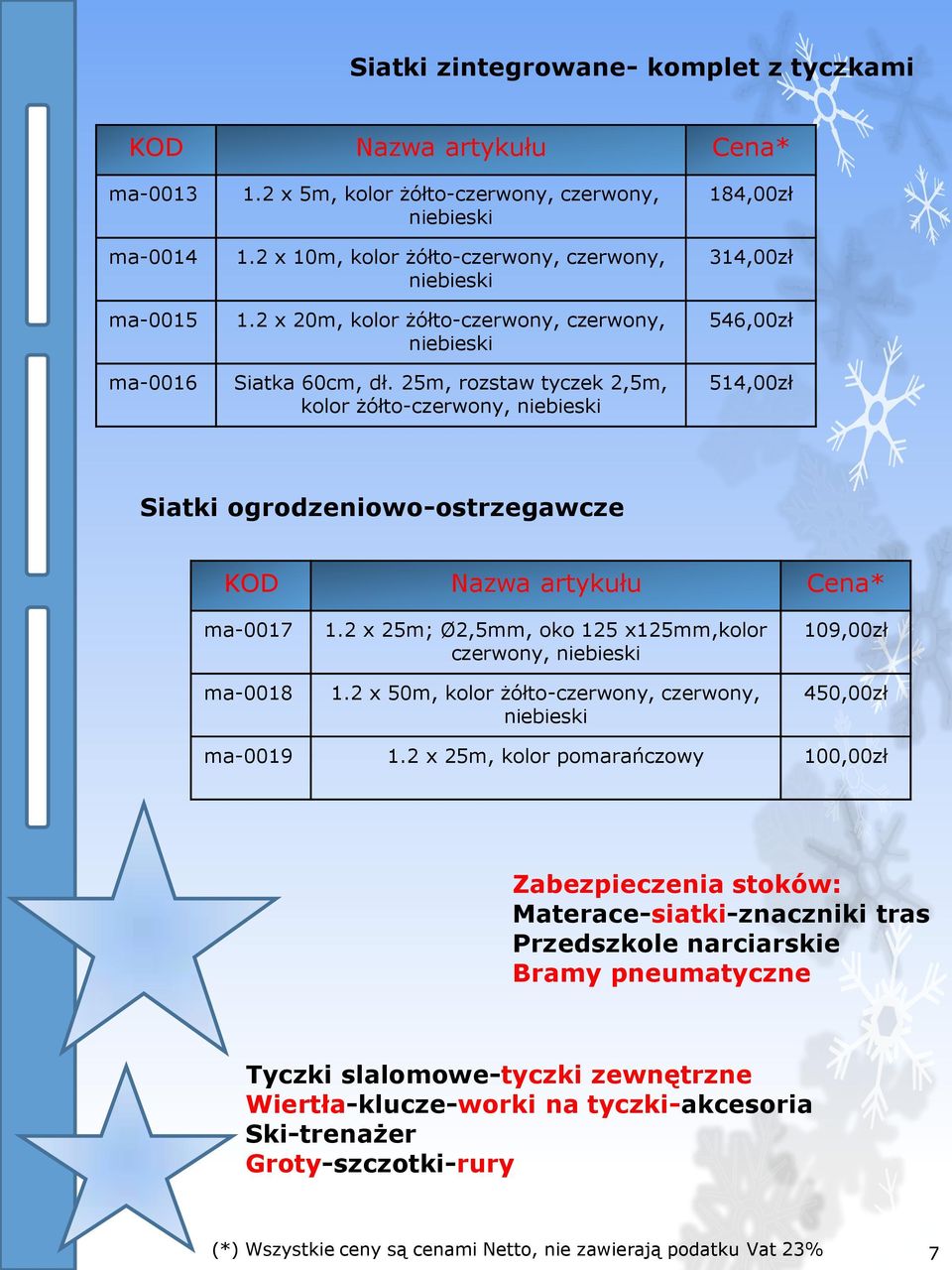 25m, rozstaw tyczek 2,5m, kolor żółto-czerwony, niebieski 184,00zł 314,00zł 546,00zł 514,00zł Siatki ogrodzeniowo-ostrzegawcze ma-0017 ma-0018 1.