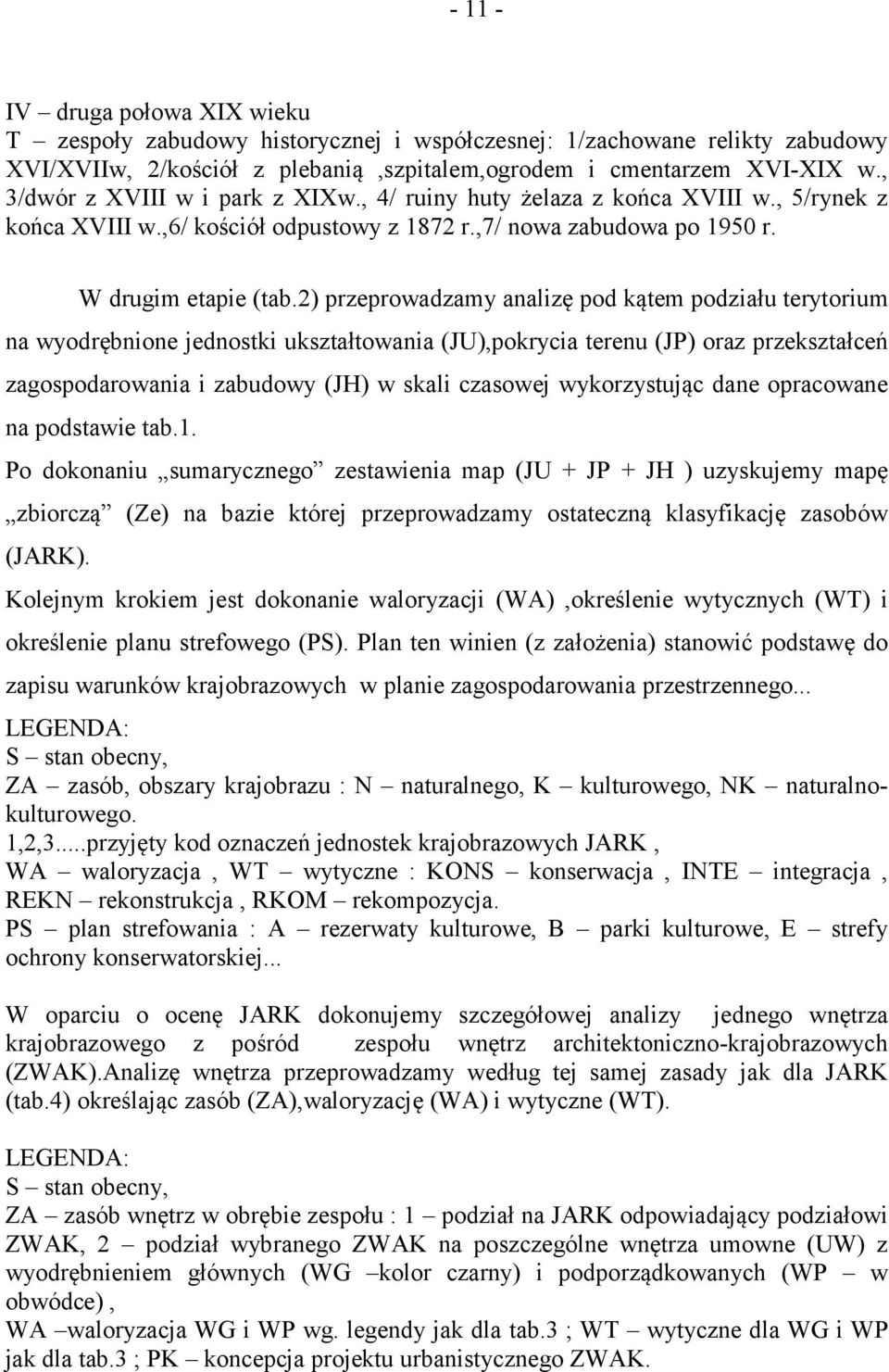 2) przeprowadzamy analizę pod kątem podziału terytorium na wyodrębnione jednostki ukształtowania (JU),pokrycia terenu (JP) oraz przekształceń zagospodarowania i zabudowy (JH) w skali czasowej