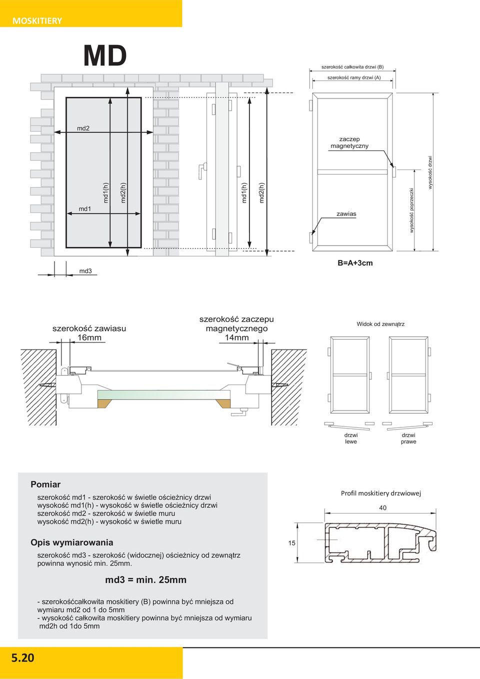 szerokoœæ md2 - szerokoœæ w œwietle muru wysokoœæ md2(h) - wysokoœæ w œwietle muru Profil moskitiery drzwiowej 40 Opis wymiarowania szerokoœæ md3 - szerokoœæ (widocznej) oœcie nicy od zewn¹trz