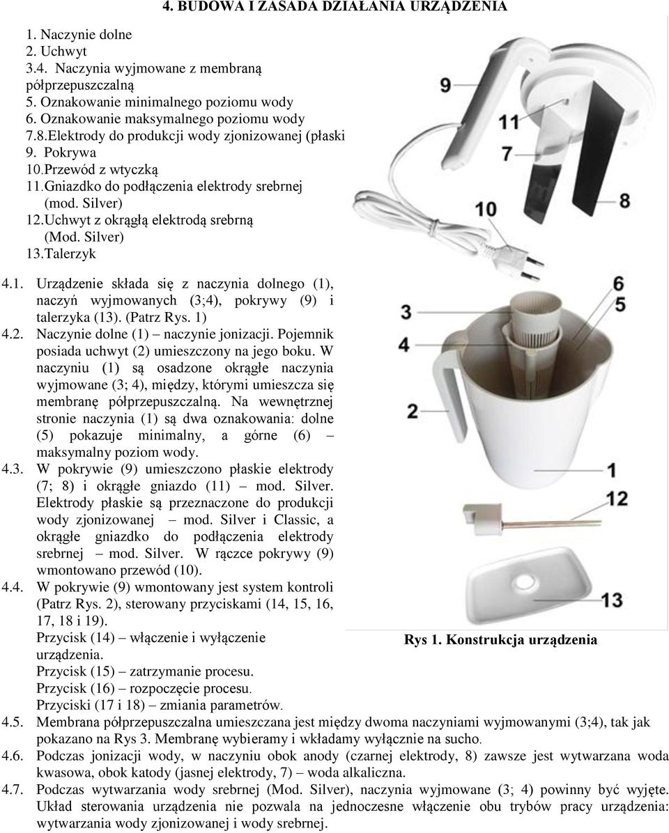 Uchwyt z okrągłą elektrodą srebrną (Mod. Silver) 3.Talerzyk 4.. Urządzenie składa się z naczynia dolnego (), naczyń wyjmowanych (3;4), pokrywy (9) i talerzyka (3). (Patrz Rys. ) 4.2.