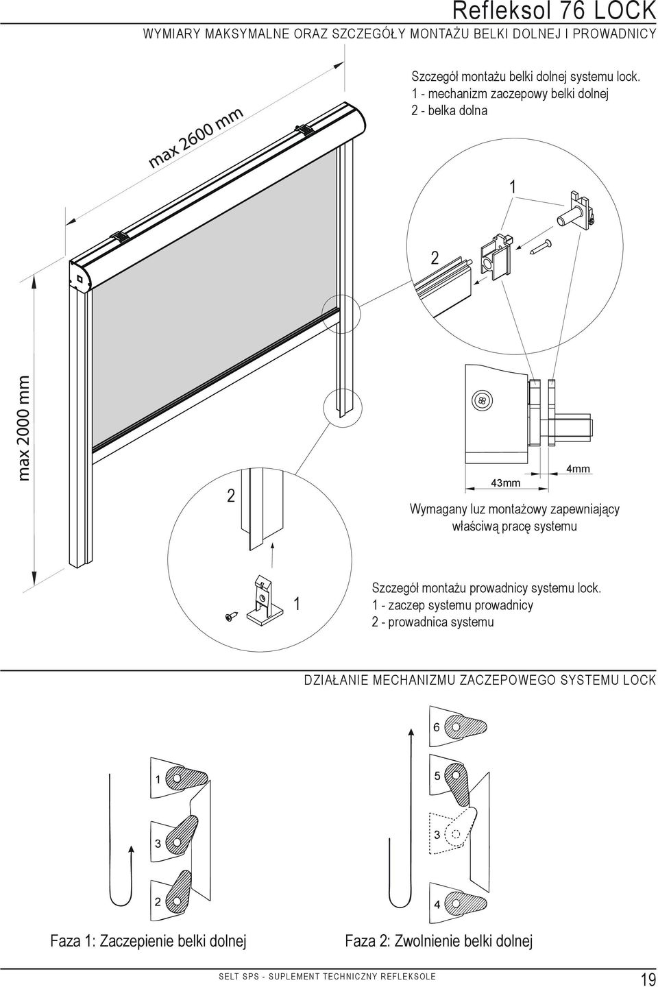 1 - mechanizm zaczepowy belki dolnej 2 - belka dolna 1 2 2 43mm 4mm Wymagany luz montażowy zapewniający właściwą