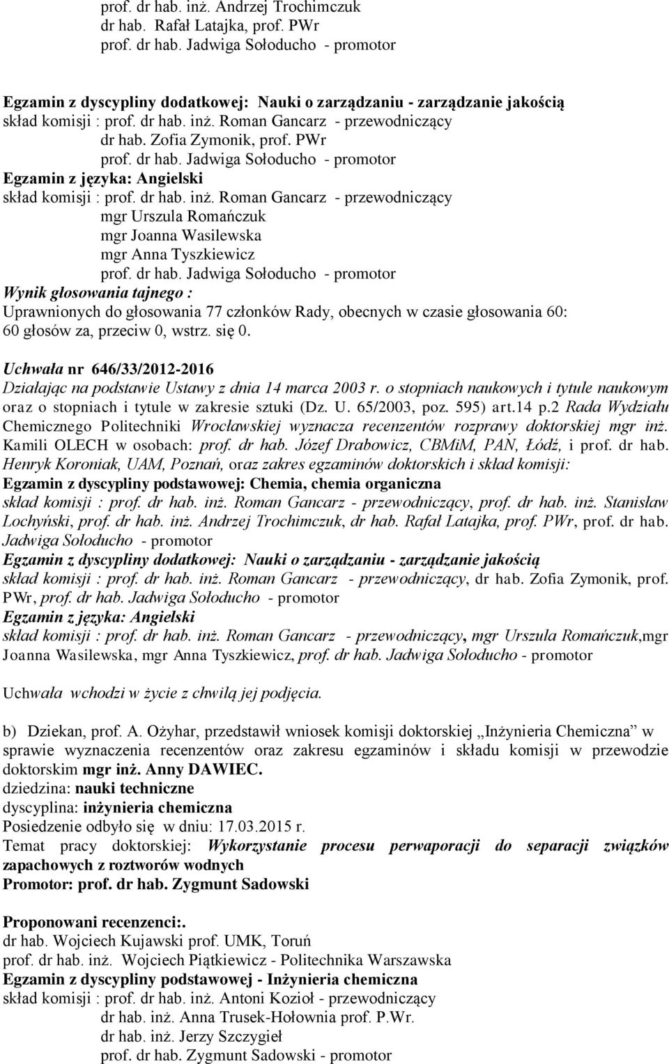 dr hab. Jadwiga Sołoducho - promotor Wynik głosowania tajnego : Uprawnionych do głosowania 77 członków Rady, obecnych w czasie głosowania 60: 60 głosów za, przeciw 0, wstrz. się 0.