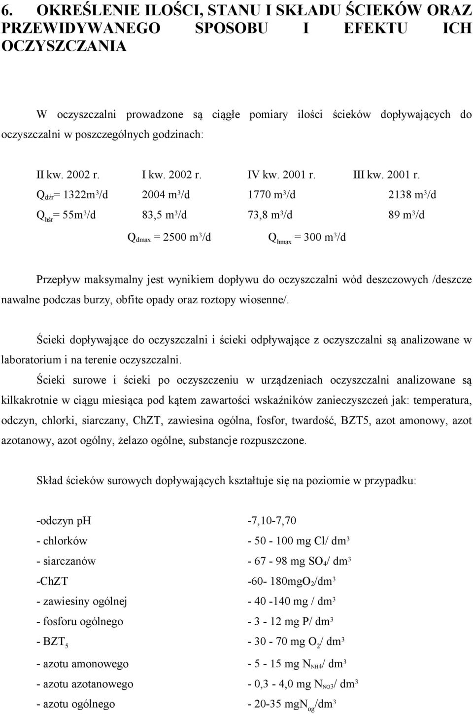 Qdźr= 1322m3/d 2004 m3/d 1770 m3/d 2138 m3/d Qhśr= 55m3/d 83,5 m3/d 73,8 m3/d 89 m3/d Qdmax = 2500 m3/d III kw. 2001 r.
