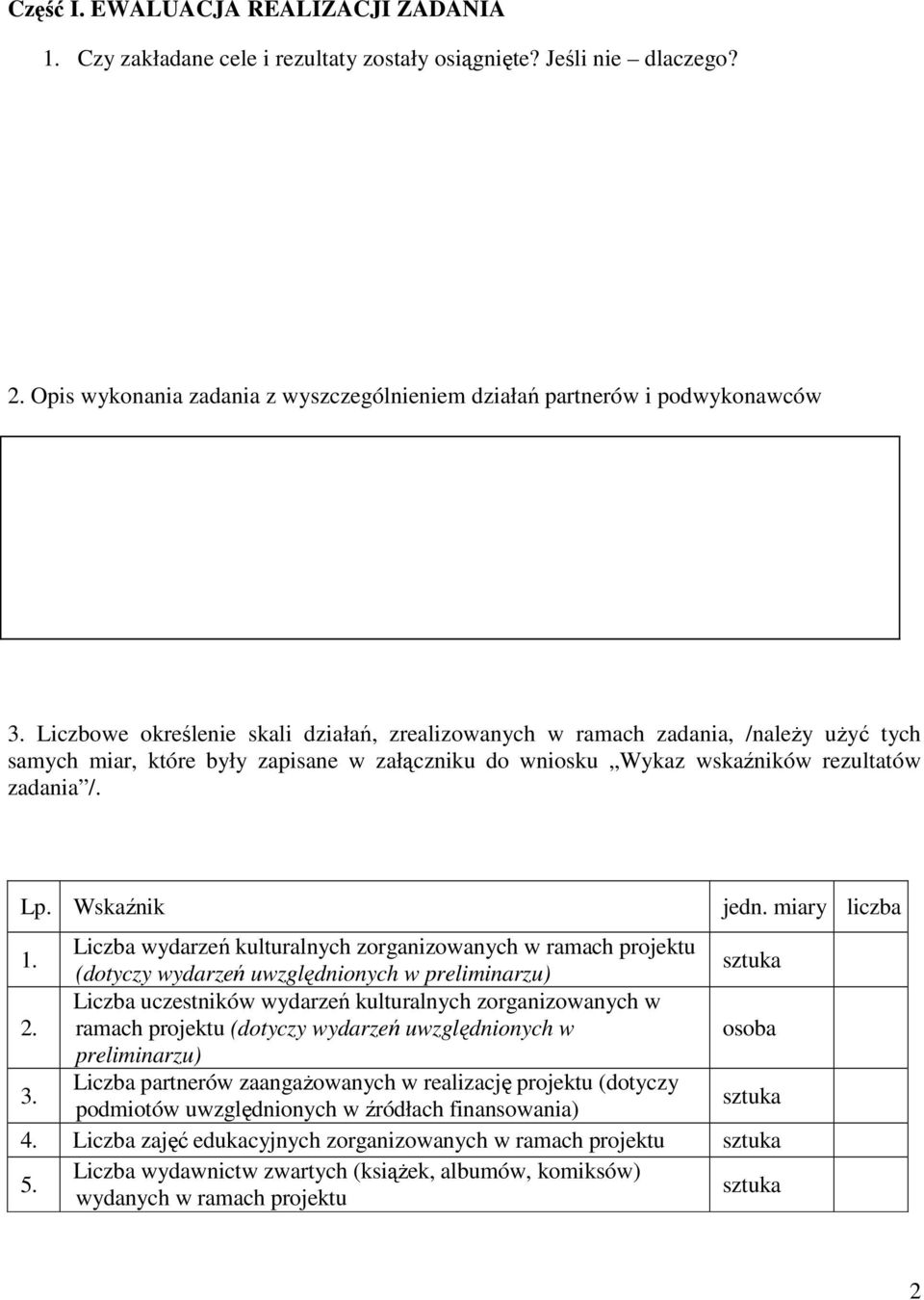 Liczba wydarzeń kulturalnych zorganizowanych w ramach projektu (dotyczy wydarzeń uwzględnionych w preliminarzu) sztuka 2.