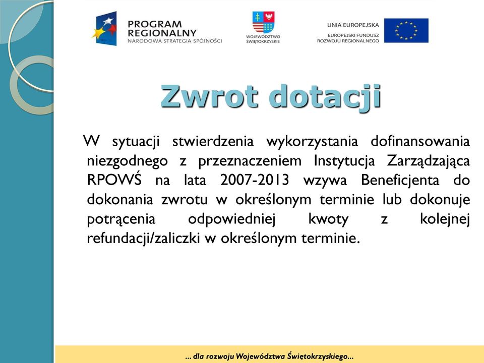 2007-2013 wzywa Beneficjenta do dokonania zwrotu w określonym terminie lub