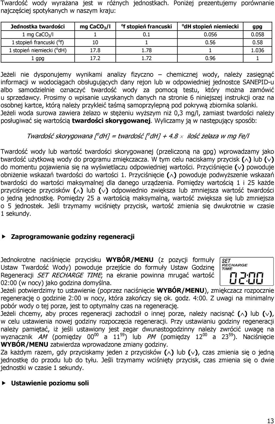 058 1 stopień francuski ( o f) 10 1 0.56 0.58 1 stopień niemiecki ( o dh) 17.8 1.78 1 1.036 1 gpg 17.2 1.72 0.