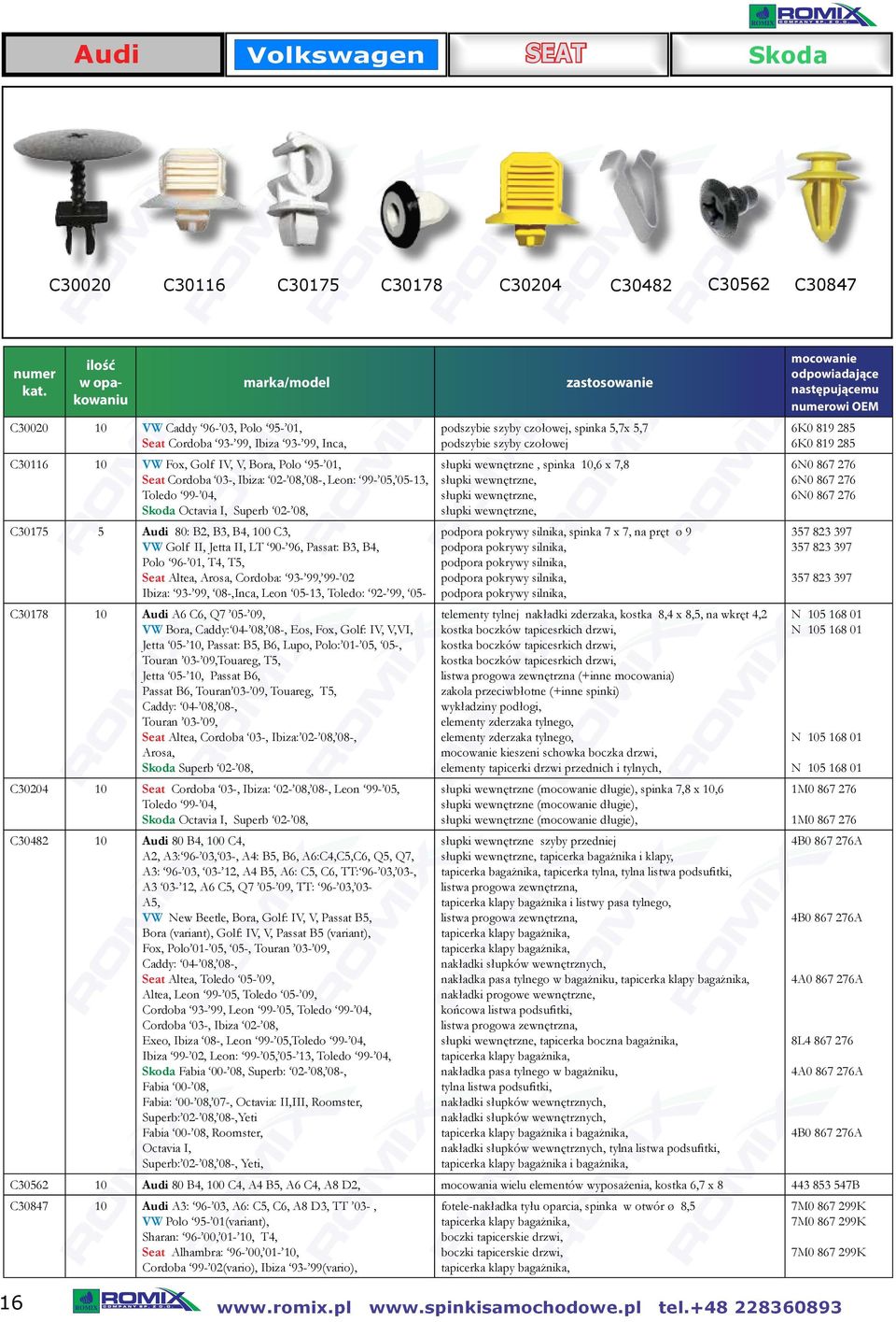 Arosa, Cordoba: 93-99, 99-02 Ibiza: 93-99, 08-,Inca, Leon 05-13, Toledo: 92-99, 05- C30178 10 Audi A6 C6, Q7 05-09, VW Bora, Caddy: 04-08, 08-, Eos, Fox, Golf: IV, V,VI, Jetta 05-10, Passat: B5, B6,