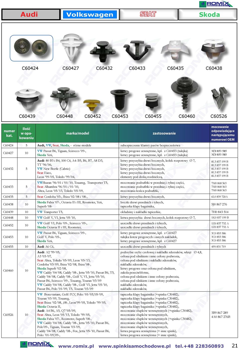 z C60453 (tulejka) 3C0 853 585 C60432 5 Audi: 80 B3 i B4, 100 C4, A4: B5, B6, B7, A8 D3, TT 96-06, VW New Beetle (Cabrio) Seat Exeo, Leon 99-05, Toledo 99-04, listwy przyszybia drzwi bocznych, kołek