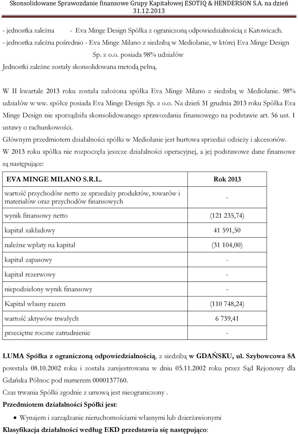 spółce posiada Eva Minge Design Sp. z o.o. Na dzień 31 grudnia 2013 roku Spółka Eva Minge Design nie sporządziła skonsolidowanego sprawozdania finansowego na podstawie art. 56 ust.