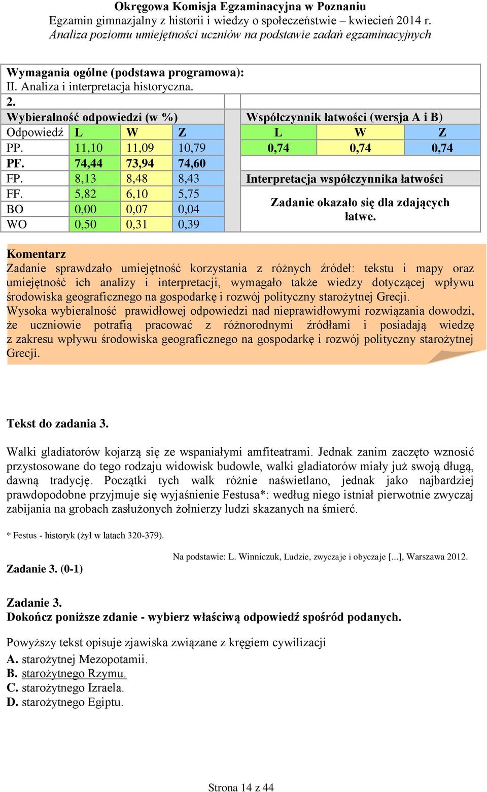 Zadanie sprawdzało umiejętność korzystania z różnych źródeł: tekstu i mapy oraz umiejętność ich analizy i interpretacji, wymagało także wiedzy dotyczącej wpływu środowiska geograficznego na