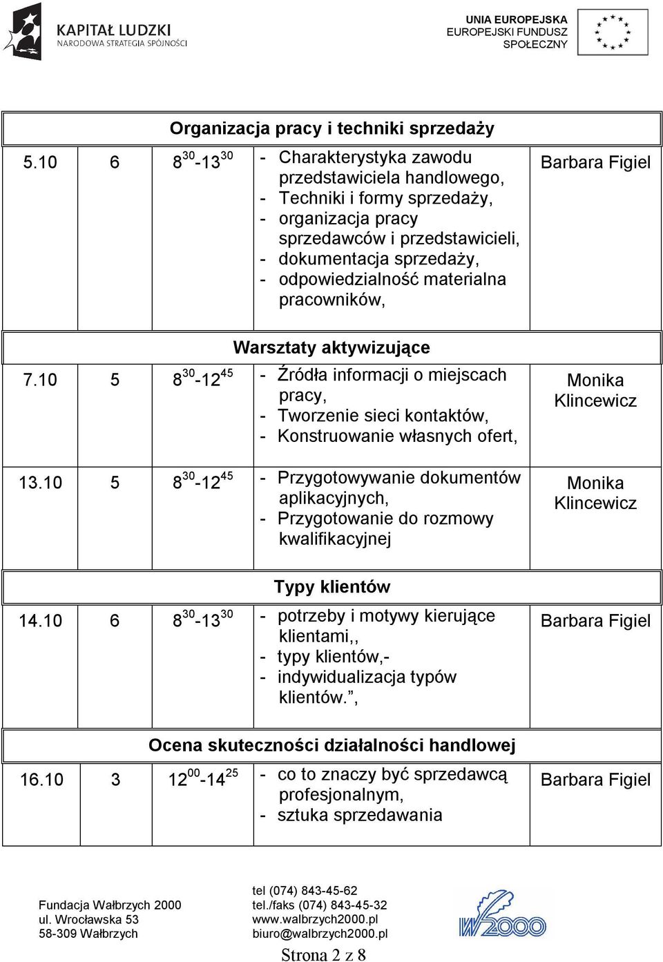 materialna pracowników, Warsztaty aktywizujące 7.10 5 8 30-12 45 - Źródła informacji o miejscach pracy, - Tworzenie sieci kontaktów, - Konstruowanie własnych ofert, 13.