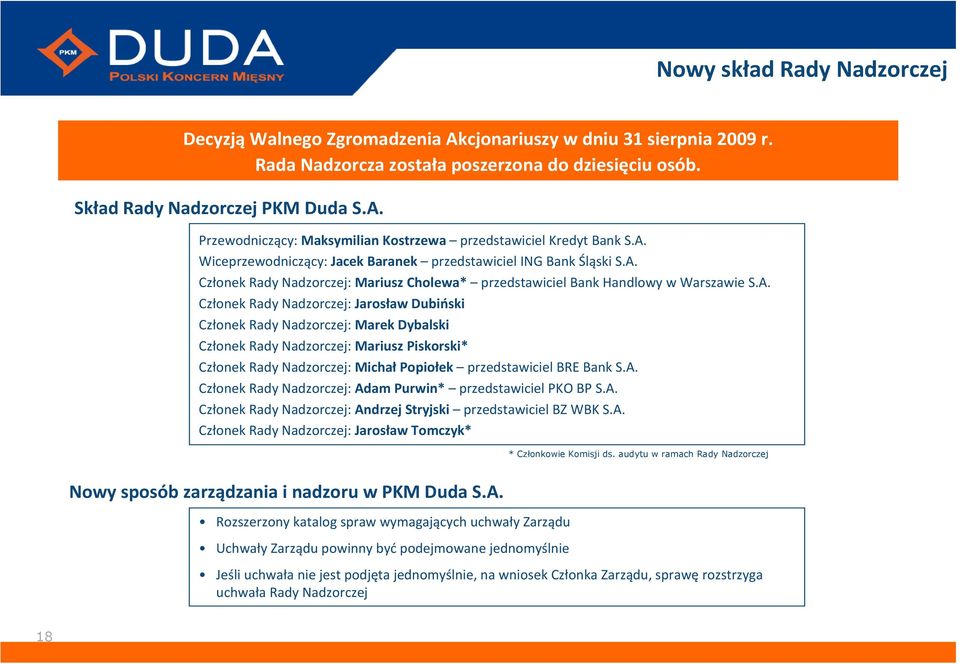 A. Członek Rady Nadzorczej: Adam Purwin* przedstawiciel PKO BP S.A. Członek Rady Nadzorczej: Andrzej Stryjski przedstawiciel BZ WBK S.A. Członek Rady Nadzorczej: Jarosław Tomczyk* * Członkowie Komisji ds.