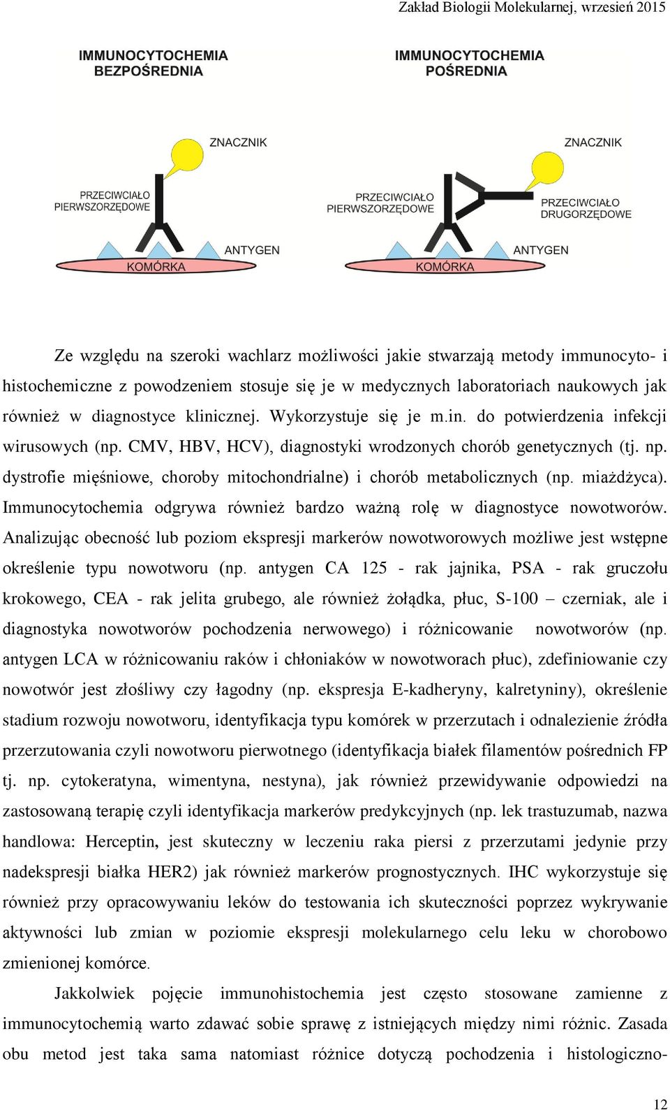 dystrofie mięśniowe, choroby mitochondrialne) i chorób metabolicznych (np. miażdżyca). Immunocytochemia odgrywa również bardzo ważną rolę w diagnostyce nowotworów.