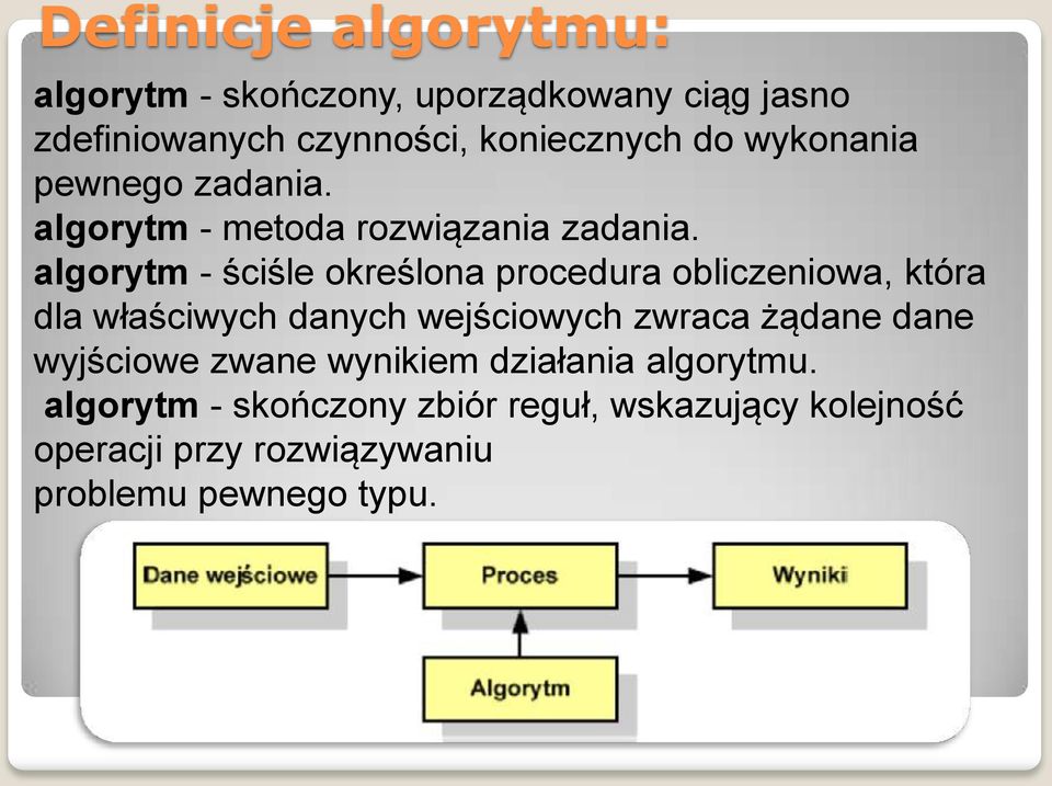 algorytm - ściśle określona procedura obliczeniowa, która dla właściwych danych wejściowych zwraca żądane