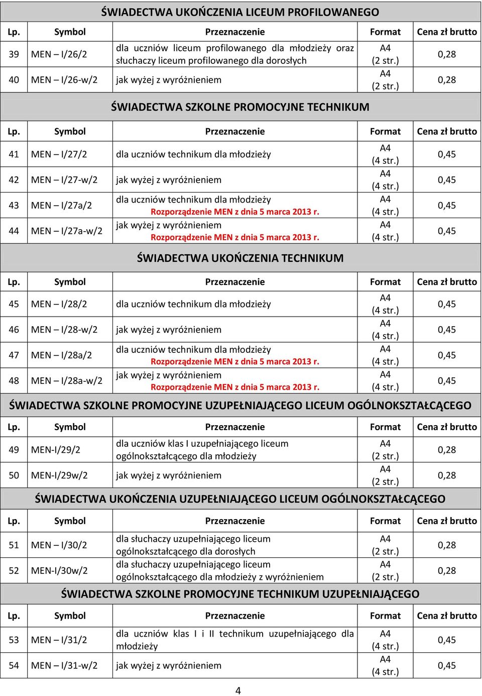 uczniów technikum dla młodzieży 46 MEN I/28-w/2 47 MEN I/28a/2 48 MEN I/28a-w/2 dla uczniów technikum dla młodzieży ŚWIADECTWA SZKOLNE PROMOCYJNE UZUPEŁNIAJĄCEGO LICEUM OGÓLNOKSZTAŁCĄCEGO 49