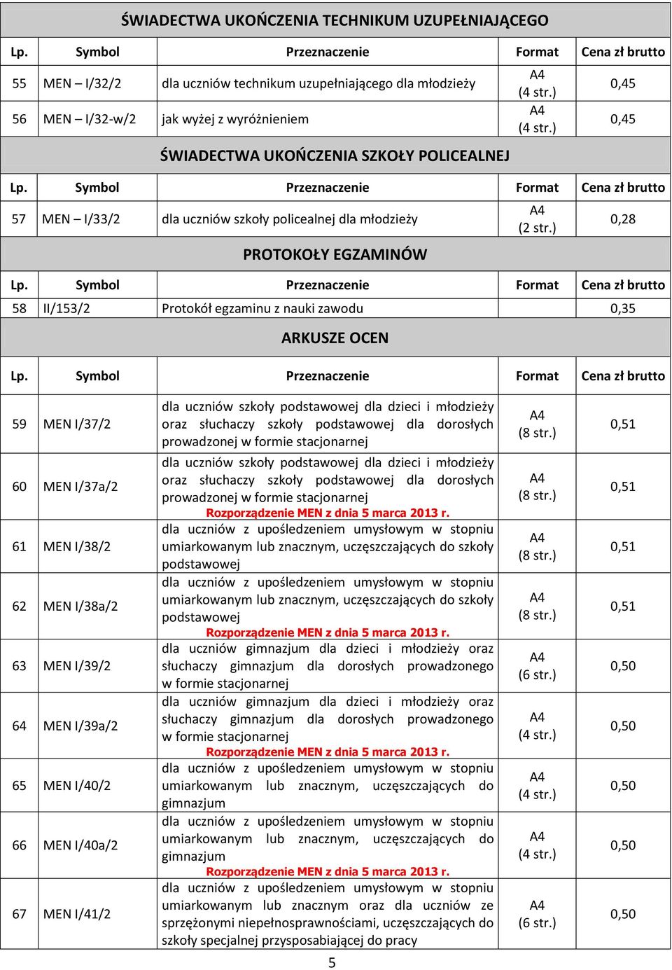 I/39a/2 65 MEN I/40/2 66 MEN I/40a/2 67 MEN I/41/2 dla uczniów szkoły podstawowej dla dzieci i młodzieży oraz słuchaczy szkoły podstawowej dla dorosłych prowadzonej w formie stacjonarnej dla uczniów
