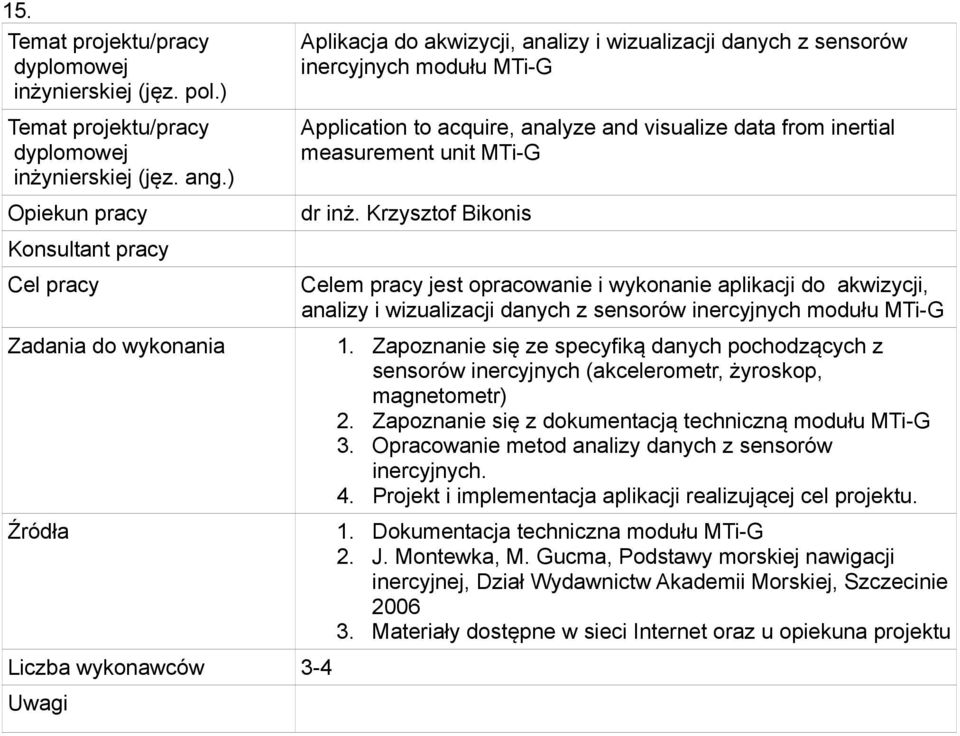 Zapoznanie się ze specyfiką danych pochodzących z sensorów inercyjnych (akcelerometr, żyroskop, magnetometr) 2. Zapoznanie się z dokumentacją techniczną modułu MTi-G 3.