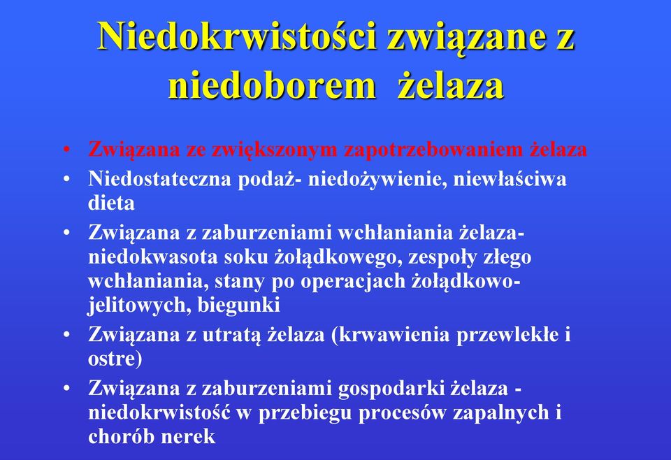 złego wchłaniania, stany po operacjach żołądkowojelitowych, biegunki Związana z utratą żelaza (krwawienia