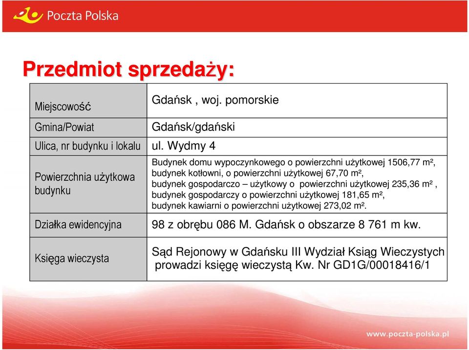 użytkowej 67,70 m², budynek gospodarczo użytkowy o powierzchni użytkowej 235,36 m², budynek gospodarczy o powierzchni użytkowej 181,65 m², budynek kawiarni