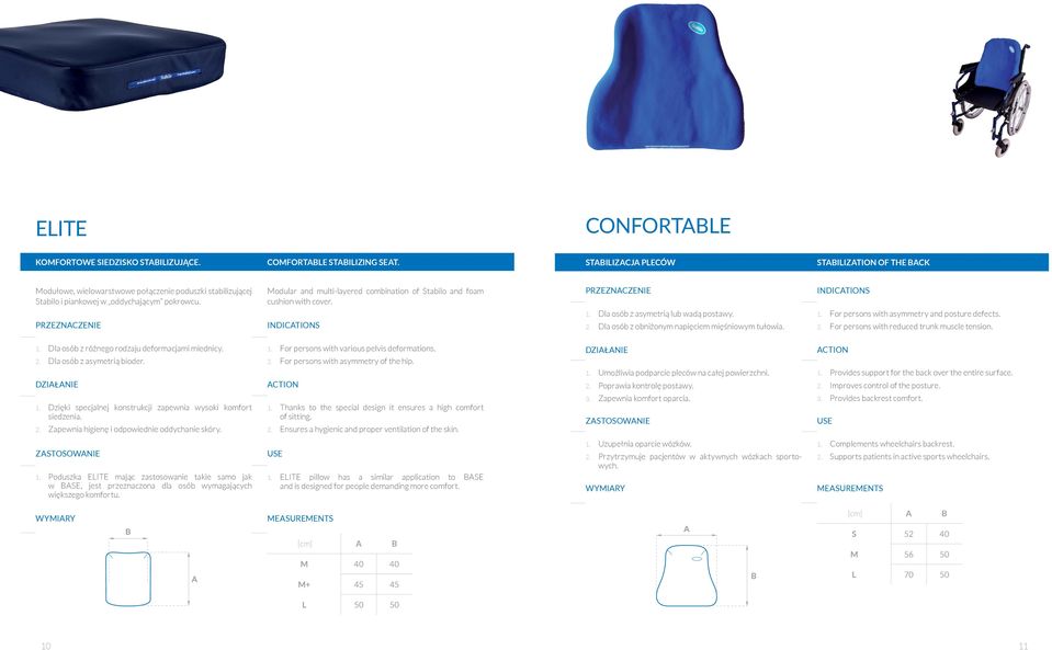 Modular and multi-layered combination of Stabilo and foam cushion with cover. 1. Dla osób z asymetrią lub wadą postawy. 2. Dla osób z obniżonym napięciem mięśniowym tułowia. 1. For persons with asymmetry and posture defects.