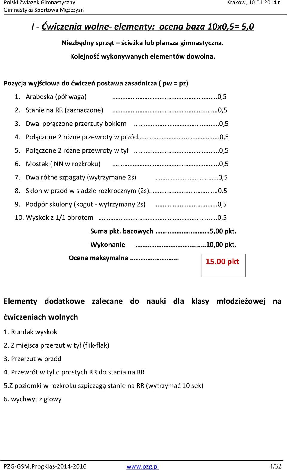 Połączone 2 różne przewroty w przód...0,5 5. Połączone 2 różne przewroty w tył.....0,5 6. Mostek ( NN w rozkroku)...0,5 7. Dwa różne szpagaty (wytrzymane 2s). 0,5 8.