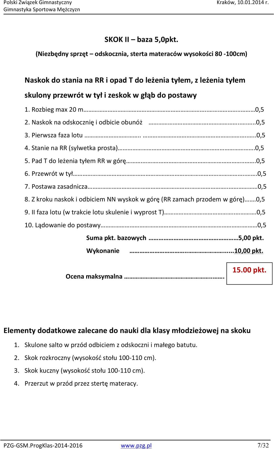 Rozbieg max 20 m.... 0,5 2. Naskok na odskocznię i odbicie obunóż......0,5 3. Pierwsza faza lotu......0,5 4. Stanie na RR (sylwetka prosta).0,5 5. Pad T do leżenia tyłem RR w górę.....0,5 6.