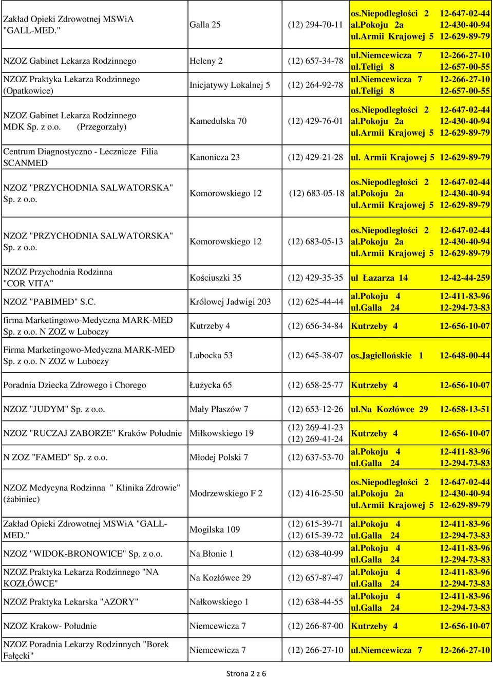 MDK Sp. z o.o. (Przegorzały) Kamedulska 70 (12) 429-76-01 Centrum Diagnostyczno - Lecznicze Filia SCANMED Kanonicza 23 (12) 429-21-28 ul.