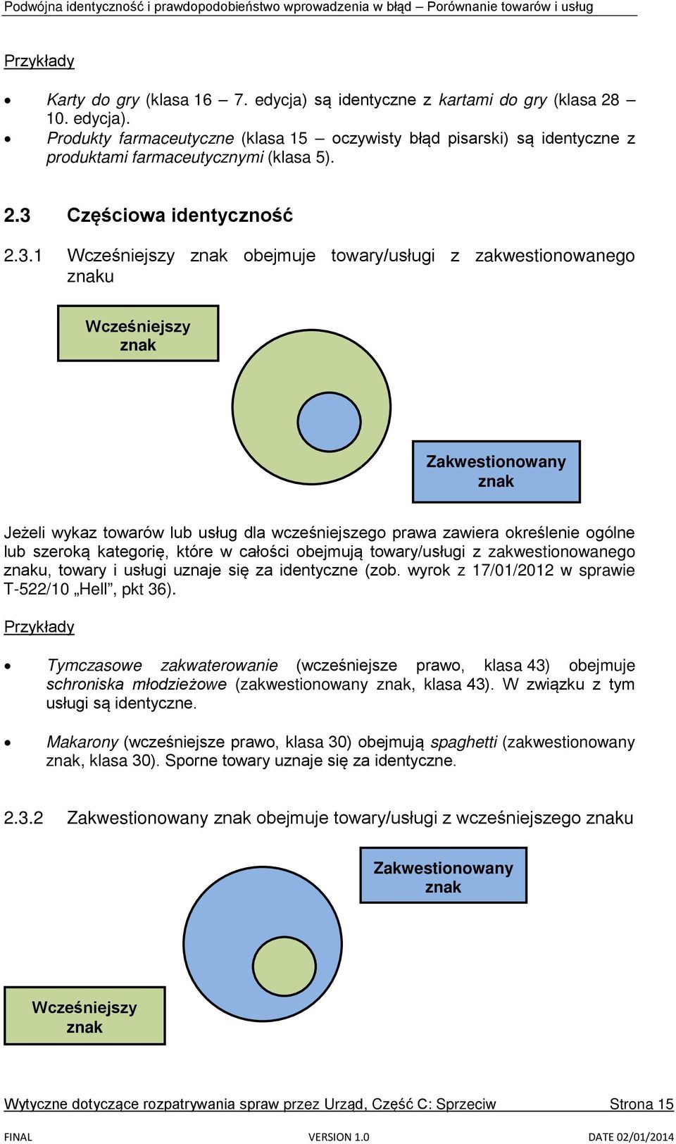 zawiera określenie ogólne lub szeroką kategorię, które w całości obejmują towary/usługi z zakwestionowanego znaku, towary i usługi uznaje się za identyczne (zob.